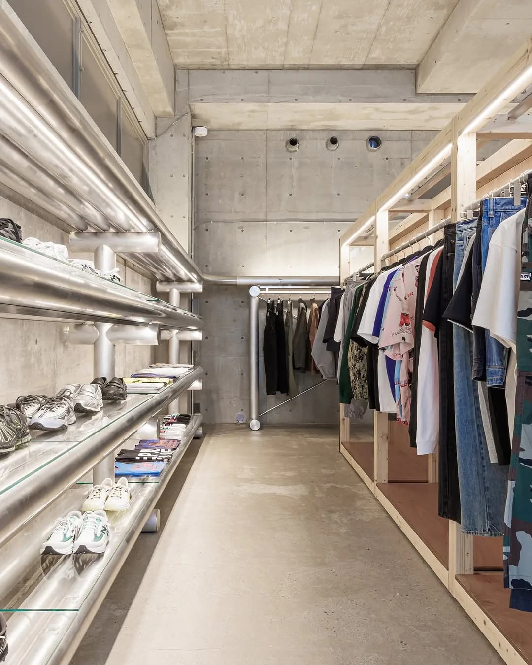Concrete WORKSOUT Aoyama store interior with sneakers and apparel on metal shelving